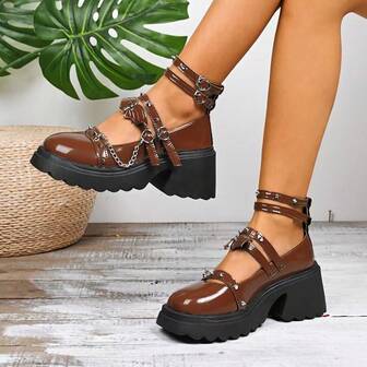 Women's Preppy Style Crystal Buckle Office Double-Breasted Fashionable Chic Mary Jane Flats