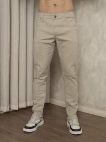 Men's Slim Fit Dress Twill Pants With Built-In Pockets And Lycra - 米色 - 查看 1