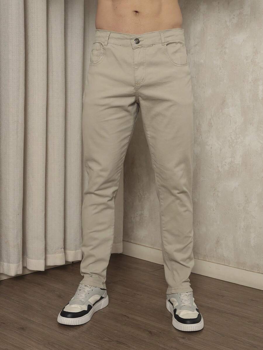 Men's Slim Fit Dress Twill Pants With Built-In Pockets And Lycra - 米色 - 查看 1