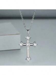 1pc Zirconia Inlaid Cross Pendant Necklace Suitable For Men And Women Perfect Decor For Cool Friends Unisex Jewelry