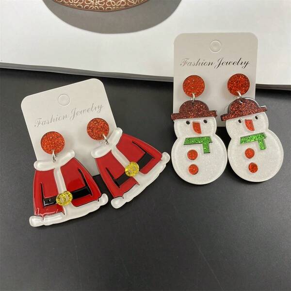 2 Pairs/Set Fashionable Acrylic Snowman Christmas Costume Cute Stud Earrings, Suitable For Women To Wear During Christmas