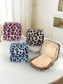 1 Women's Corduroy Leopard Print Menstrual Bag, Classic Mini Makeup Bag, Multi-Color Corduroy Leopard Print Sanitary Napkin Storage Bag, Portable Menstrual Bag, Zipper Sanitary Napkin Bag