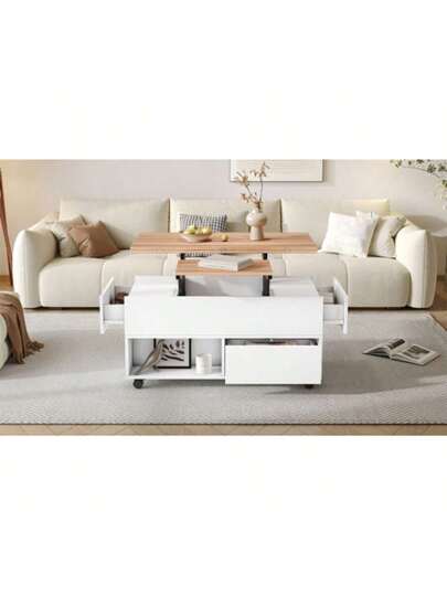 100*50*52cm Couchtisch Mit Rollen, Multifunktionaler Wohnzimmertisch Schubladen, Anhebbarer Kaffeetish, Höhenverstellbar Sofatisch, Beistelltisch Und Esstisch Stauraum, Weiss Holzfarbe view 6