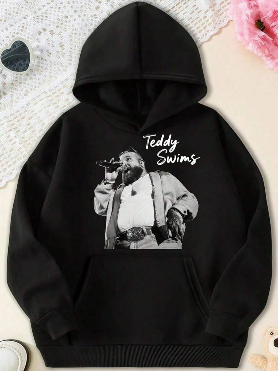 Teddy Swims Concert Scene Monochrome Teddy Swims Print Themed Hoodie Black,Fall Hoodies,Men's Fall Clothes,Street Wear,Halloween,Mens Hoodies,Y2k Clothes,Jesus Hoodie,Thanksgiving Day,Nightmare Before Christmas,Christmas - Black - View 1