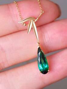 1 peça S925 Prata Esterlina Versátil Moderno Folha de Bambu Gota D'água Pedra Verde Pingente Colar, Vintage Elegante para Mulheres, Adequado para Uso Diário, Feriados, Festas, Joias Presente