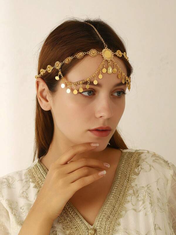 A Gold All-In-One Style Headchain, Dating Dinner Wedding And Other Important Pieces To Wear To Highlight The Elegant, The Use Of Zinc Alloy Material Inlaid With Champagne Rhinestone Water Drops Hanging Romantic Style Can Be Used As The Bride's Wedding Blessing Gift Birthday Gift