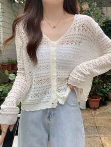 1pc Women's Shrug, Loose V-Neck Hollow Out Knitted Air-Conditioned Shirt, New Style Long Sleeve Sunscreen Cover Up Top Accessories Women