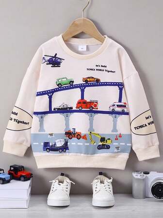 1pc Boys' Casual English Car Graphic Long Sleeve Sweatshirt, Autumn/Winter
