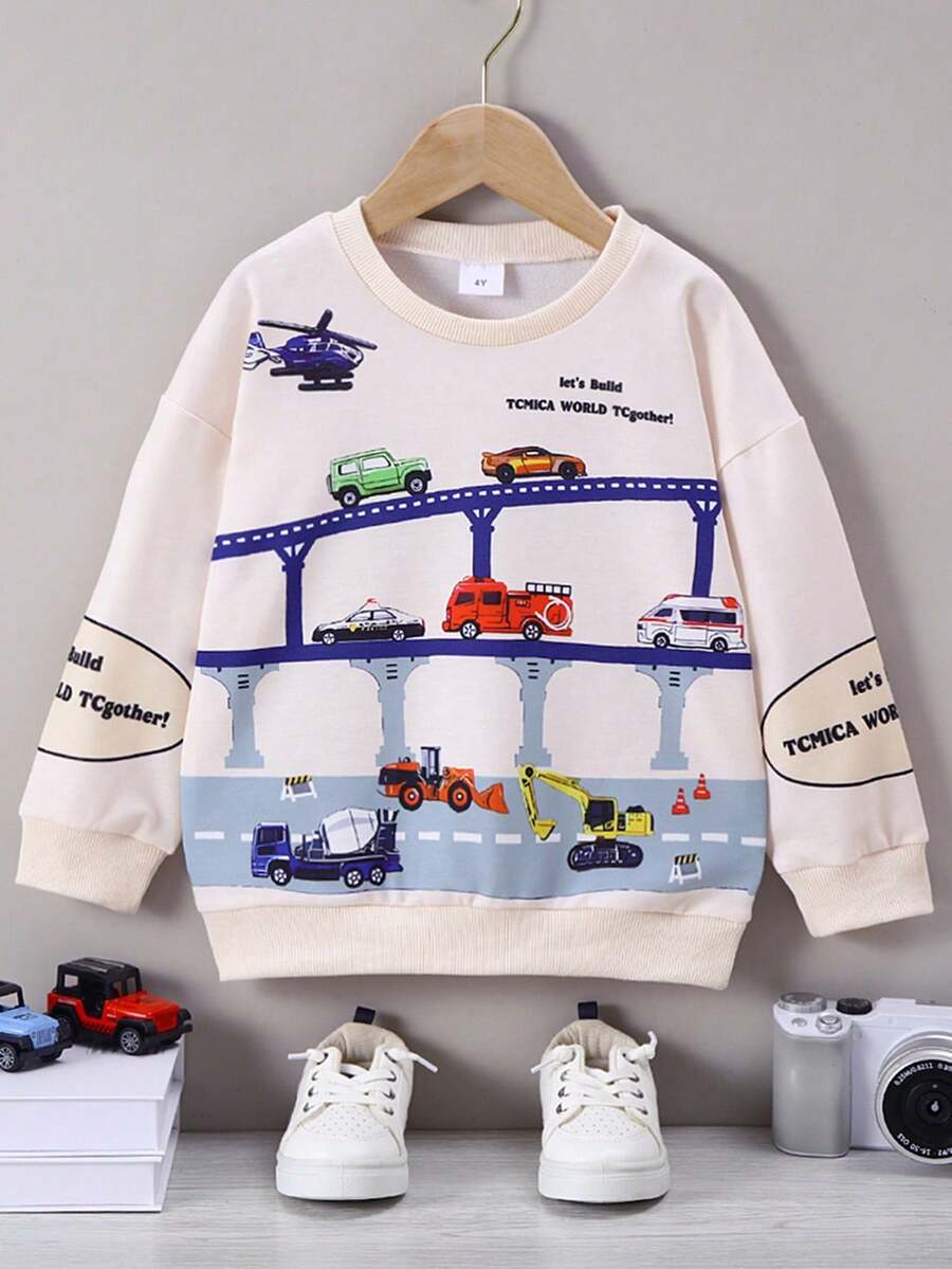 1pc Boys' Casual English Car Graphic Long Sleeve Sweatshirt, Autumn/Winter - Apricot - View 1