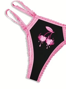 2 件套心形、樱桃、火焰印花女士吊带背心和丁字裤内衣套装，Y2K 风格 - 彩色 - 查看 5