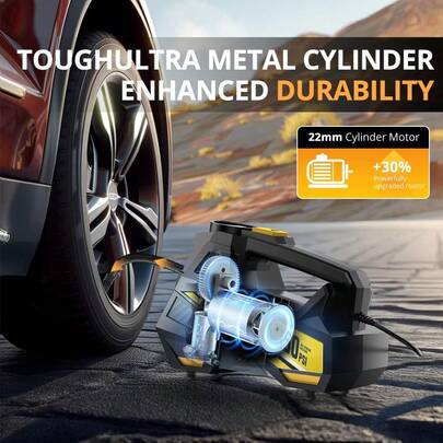 CARSUN Compresor de aire portátil para automóvil, inflador de neumáticos - Accesorios automotrices con manómetro digital y luz de trabajo LED, cilindro de 22 mm, 35 litros por minuto, adaptador de encendedor de cigarrillos de 12 V, sin baterías necesarias, adecuado para automóviles/motocicletas/bicicletas/balones, accesorio/regalo esencial para automóvil