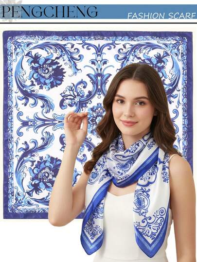 1pc Women's Fashion Satin 60cm/90cm Square Scarf, Classic Blue Ink Painting Small Neckerchief, Suitable For Daily Outfit And Bag Accessory
