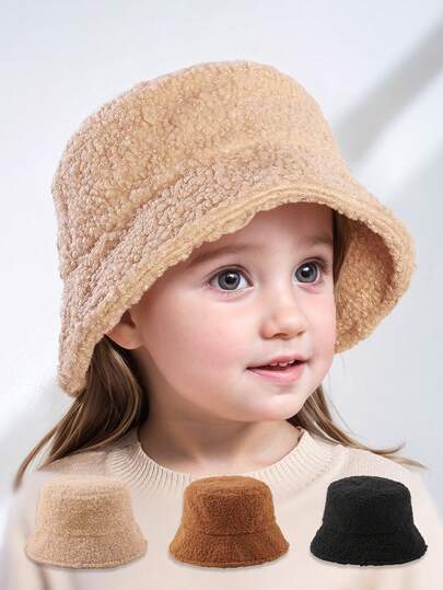1 件儿童纯色毛绒秋冬日常保暖可调节简约百搭婴儿渔夫帽，男女通用