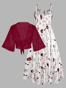 Women's Elegant Ditsy Floral Chiffon Dress With Shawl, 2 Pieces Set