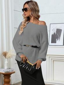 Plus Size Solid Color Batwing Sleeve Loose Pullover Sweater - Grey - View 5