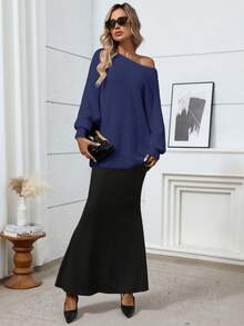 Plus Size Solid Color Batwing Sleeve Loose Pullover Sweater - Blue - View 7
