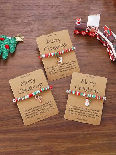 Christmas Bracelet Gift Set Of 6 Pieces, PVC Elastic Adjustable Bracelets, Including Vintage Santa Claus, Christmas Tree, Snowman, Reindeer, Cane Candy, Stockings Ornaments, Holiday Blessing Cards - A Festive Jewelry Set Suitable For Winter Occasions, Fashionable Christmas Element Card Bracelets, Cute And Unique Reindeer Christmas Tree Woven Bracelets