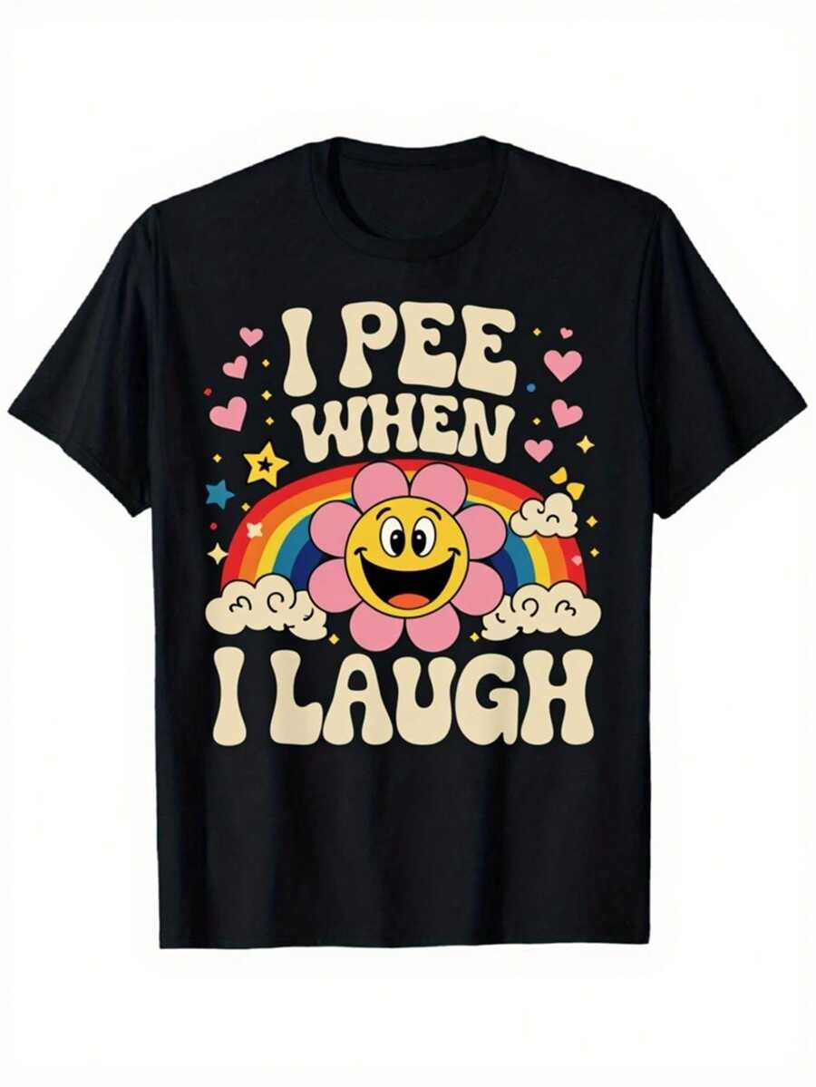 Funny "I Pee When I Laugh" Graphic T-Shirt For Men & Women - 180gsm Heavyweight Black Humorous Novelty Tee With Sunflower, Rainbow & Laughing Face Print, Casual Round Neck Short Sleeve Shirt For Adults, Funny Gift For Dad, Husband, Family - All-Season Comfort Fit, Soft Breathable Fabric, Unisex Daily Wear & Summer Top, Vintage Style With Playful Design, Ideal For Sports & Casual Outings, I Pee When I Laugh T Shirt, Men Graphic Tee, Men Graphic T Shirt, Graphic T Shirt Men, Men' T - 黑色 - 查看 1