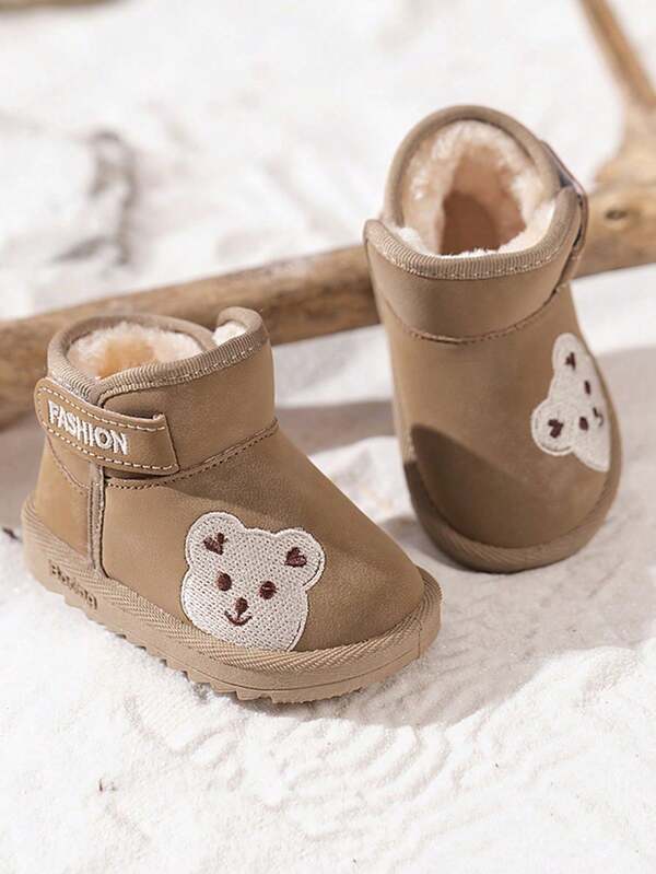 1 par de botas de neve antiderrapantes com estampa de urso para bebês, botinhas unissex de com sola de borracha, adequadas para o inverno