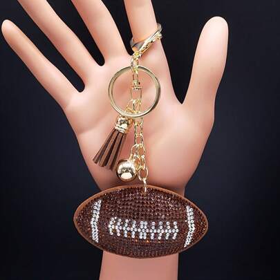 Cute Football American Football Shaped Rhinestone Keychain Alloy Bag Pendant Car Key Ring Accessory For Men And Women
