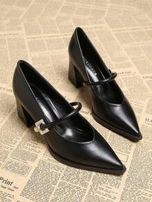 女士时尚 2025 春季新款高跟鞋，休闲纯色米色、黑色、棕色尖头金属装饰优雅简约粗跟乐福鞋 - 黑色 - 查看 4