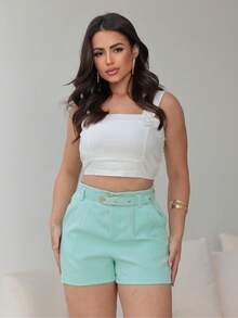 Women's Tailored Shorts With Belt And Pocket Thin Belt - Turquesa - 查看 1