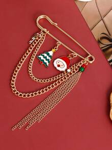 1 pieza Elegante y lindo broche de cadena de metal con reno, muñeco de nieve, campana y borla navideños, accesorio de regalo