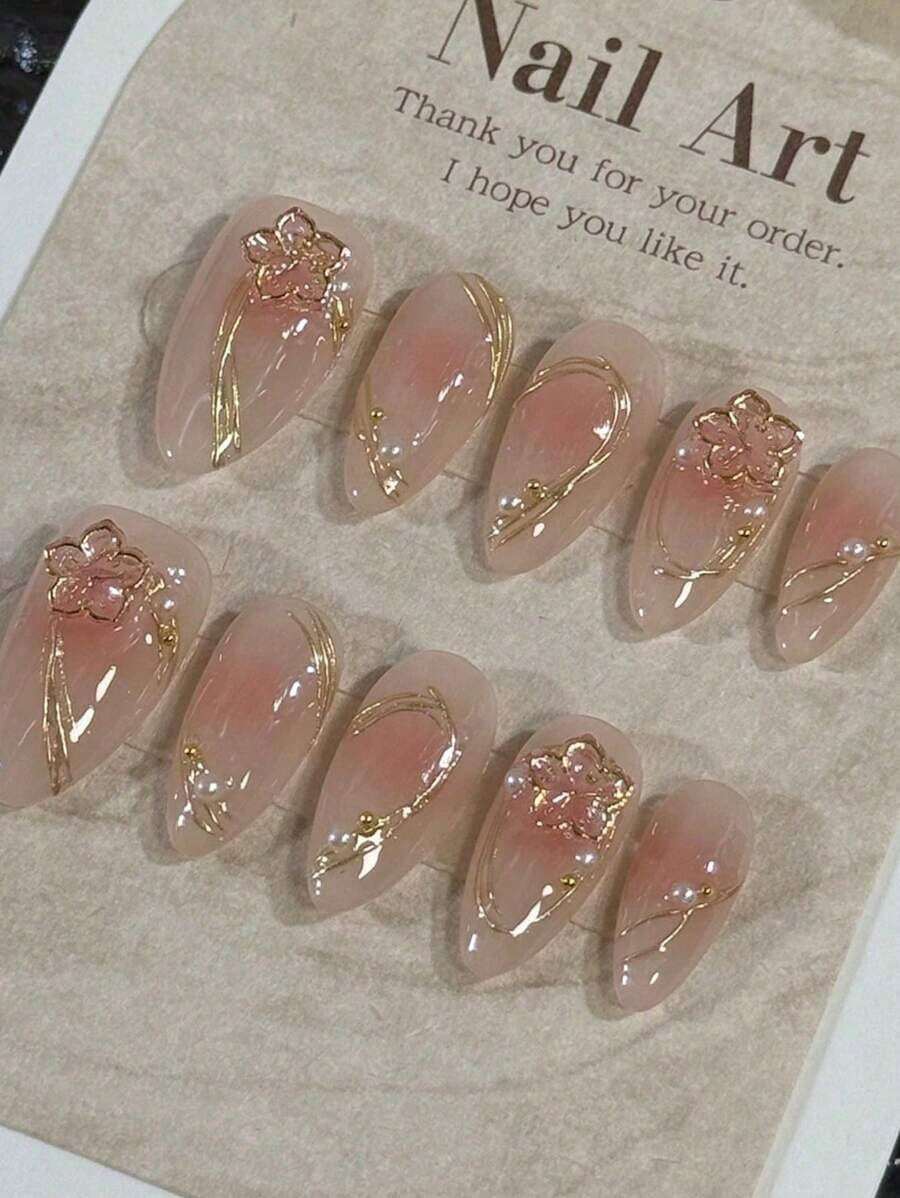 10 Pcs Handmade Press On Nails ,Christmas Gifts,Fake Nails,Press On Short Nails, Almond Nails, Inlaid With Golden Flower Strips, Light And Luxurious, Elegant And Noble In Temperament, Suitable For Daily Use By Women Of Different Styles, Detachable And Reusable, And Can Also Be Given As Gifts To Female Friends - Nhiều màu - Xem 1