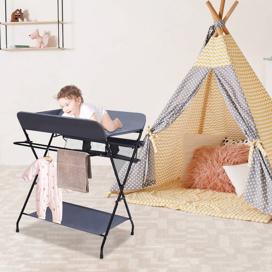 Premium Foldable Baby Diaper Changing Table With Storage Basket, Bottom Shelf & Side Rack, Safety Strap & Anti-Roll Rail, Height-Appropriate Design For Back Pain Relief, Dark Grey - Dark Grey - View 1
