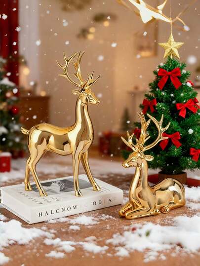 2pcs Elk Ornaments, Resin Animal Statue Crafts, Home Decoration Ornaments, Living Room Desktop, Office Desktop Layout, The Best Birthday Gift For Winter Christmas And New Year Decoration.