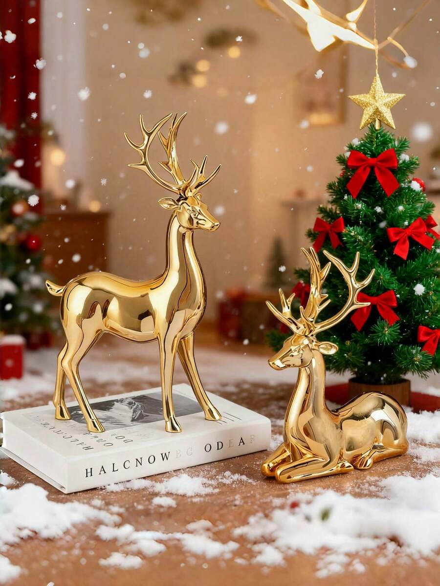 2pcs Elk Ornaments, Resin Animal Statue Crafts, Home Decoration Ornaments, Living Room Desktop, Office Desktop Layout, The Best Birthday Gift For Winter Christmas And New Year Decoration. Christmas Decorations Home Christmas Gifts Christmas Decor