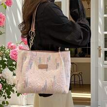 Womens Canvas Tote Bag Zipper Closure Stylish Embroidered Large Capacity Shoulder Bag - Pink - View 3