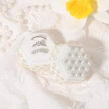 Pearl Velvet Ring Box 3 Slots Jewelry Ring Box With Pearl Wedding Decor Bridal Photography Engagement Gift White Hexagon