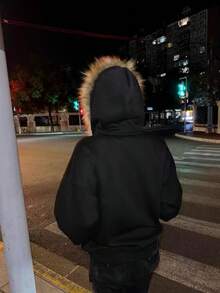 Fur Hood Jacket Men Hoodie Zip Up Y2k Zip Up Hoodie Y2k Hooded Jacket Warm Winter Coat For Men With Hood Fur Collarhalloween - 黑色 - 查看 5