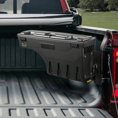 Caja de almacenamiento para caja de camión, tapa con cerradura, caja de herramientas impermeable ABS para rueda de 6,6 gal/20 L con candado con contraseña, compatible con Dodge Ram 1500 2019-2021, lado del pasajero, negro