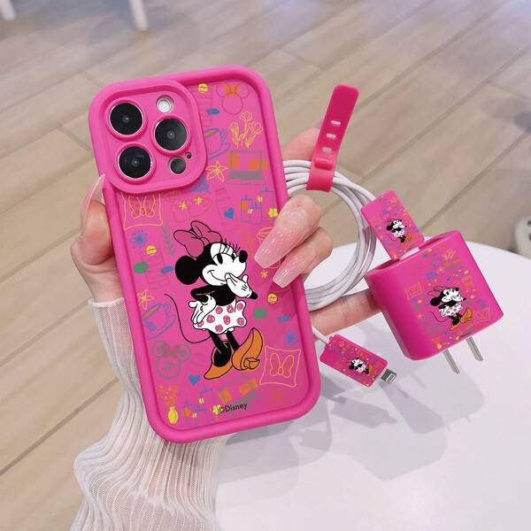 Disney Estuche de teléfono y juego de cable de datos con diseño de patrones con licencia oficial, compatible con iPhone 17, 16, 15, 14, 13, 12, 11 y varios modelos