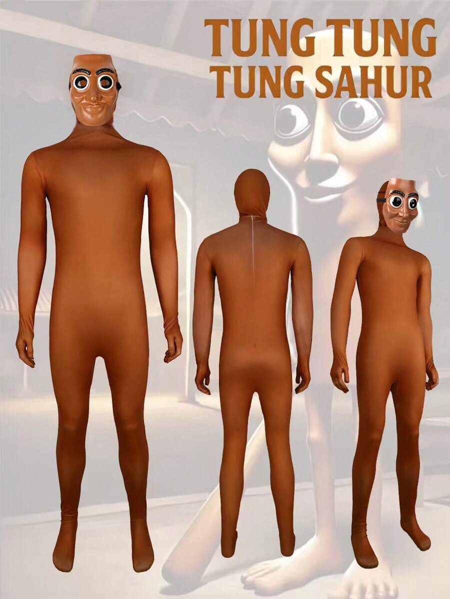 Tungtungtung Sahur Cosplay Stage Prop, Triple T Short Video Shooting Costume, Brainrot Animals Meme Wooden Stick Mask Funny Prank Prop, Halloween Gift