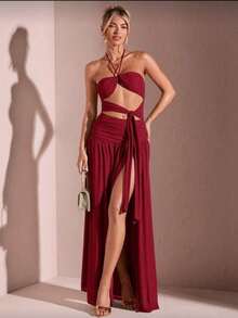 New Women's Long Dress With Slit On The Leg With Cup Tie At The Neck With Double Front Neckline In The Front Smooth Suplex Fabric Promotion Basic Chic Elegant Day To Day Fashion Parties Fashion 2025 Sophisticated - 紅木色 - 查看 3