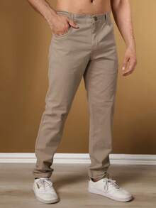Men's Slim Fit Dress Twill Pants With Built-In Pockets And Lycra - Khaki - View 1