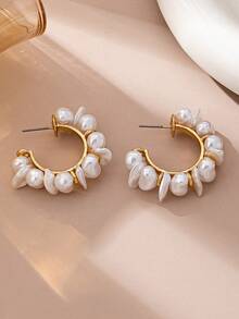 1 Pair Vintage Style Minimalist Geometric Faux Pearl Hoop Earrings, Suitable For Women's Daily, Party, Or Gift - Multicolor - View 3