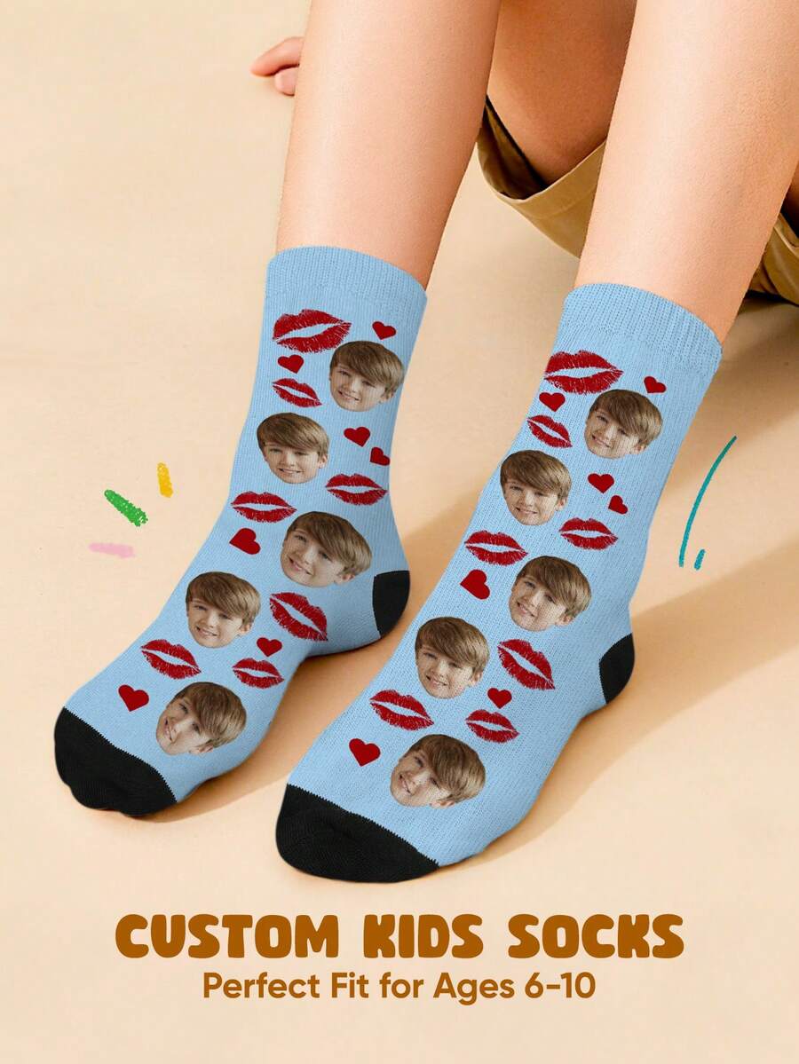 1 Pair Customizable Children's Socks - Personalized With Your Photo, Colorful And Fun Kids Socks, Suitable For Boys And Girls, Fits Children Aged 6-10, Soft And Comfortable Material With Elastic Cuffs, Perfect For Everyday Wear - Multicolor - View 1