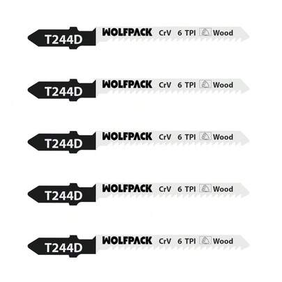 WOLFPACK PROFESSIONAL LINE Brzeszczoty do wyrzynarki do drewna, cięcie zgrubne, zestaw 5 sztuk. Brzeszczot chromowo-wanadowy 58 mm. Uniwersalny trzonek T.