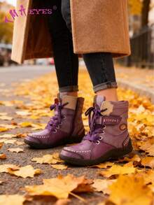 1 Pair TMA EYES Vintage Style Handcrafted Stitching & Machine Stitching PU Patchwork Contrast Color Distressed Shoe Upper, Faux Fur Lining, Jacquard Shoelace, Hook-And-Loop Closure, Non-Slip Durable Comfortable Warm Outdoor Casual Plus Size Wide Fit Ladies Ankle Boots - Purple - View 3