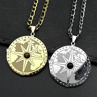 قلادة بندانت بوصلة حجر عين النمر للأرض للنساء والرجال، سلسلة من الفولاذ المقاوم للصدأ هدية مجوهرات للرحلات البحرية والعطلات