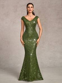 Váy dạ hội mùa hè thanh lịch cổ chữ V kép không tay, chất lượng cao, co giãn, đính sequin họa tiết thực vật, đuôi cá, váy tiệc trang trọng, đầm dạ hội, váy khách mời đám cưới, trang phục lễ hội - Màu xanh Ô liu - Xem 5