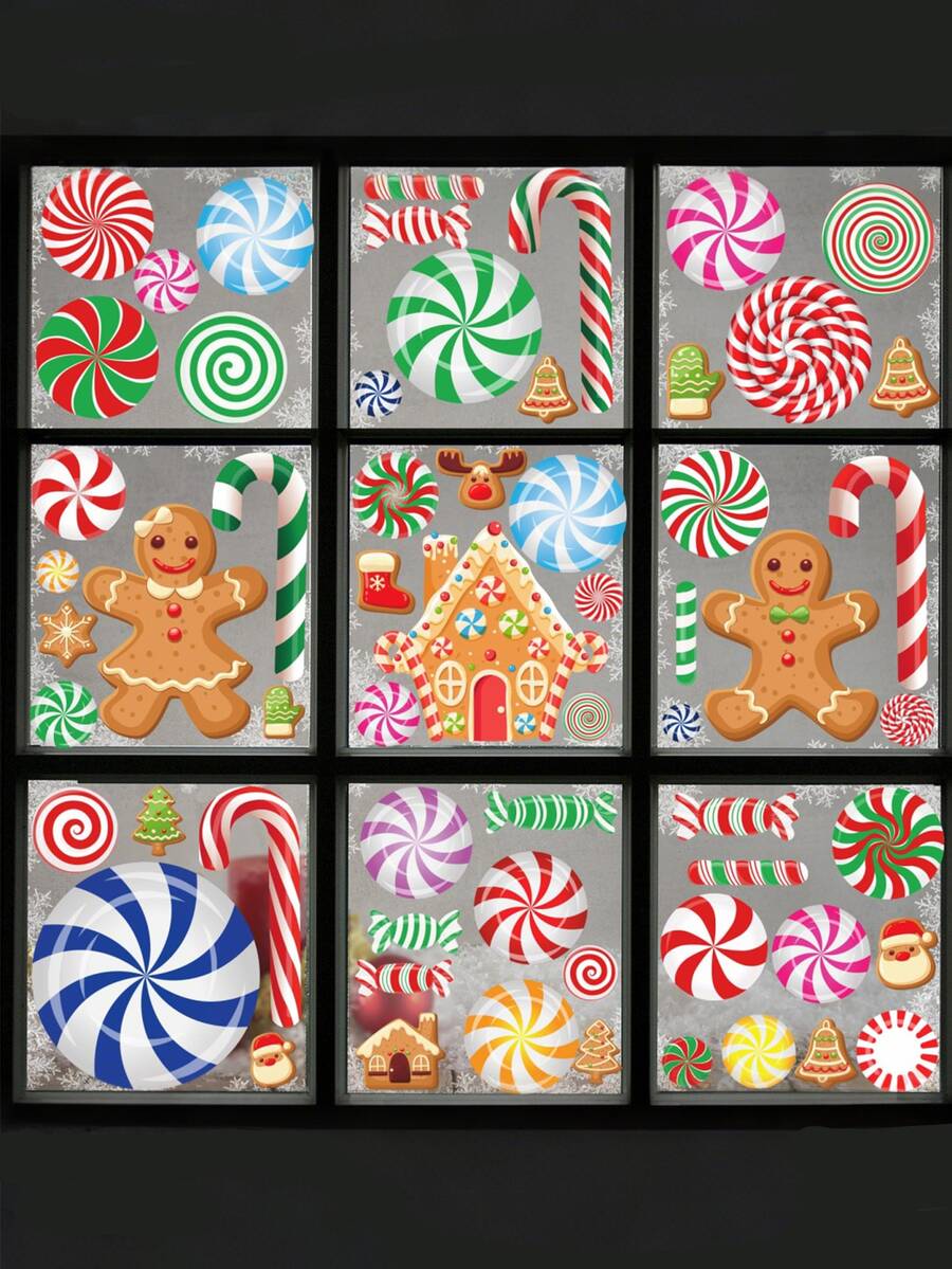 57PCS-57PCS-Adezive pentru fereastră de Crăciun, model nou, cu model de turtă dulce, pentru fereastră, pentru sticlă, față-verso, 3D, Crăciun, bomboane de Crăciun, adezive pentru fereastră, turtă dulce, autocolante cu mentă, pentru decorațiuni de petrecere Candyland, marturii, fereastră, sărbători, decorațiuni de Crăciun, decorațiuni de Crăciun, Crăciun