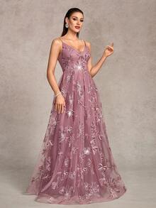 Elegant Women's Sequin Embroidered Maxi Party Dress, Featuring Ruffle Trim Details And A-Line Silhouette, Suitable For Formal Dinners, Weddings, Red Carpet Events And Grand Occasions, Also Can Be Worn As Party Dress, Wedding Guest Dress And Evening Gown - 藕粉色 - 查看 4