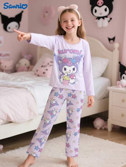 Sanrio Sanrio Hello Kitty Girls Bow & Cartoon Print Crew Neck Long Sleeve Top + Long Pants 2 Pieces Pajama Set