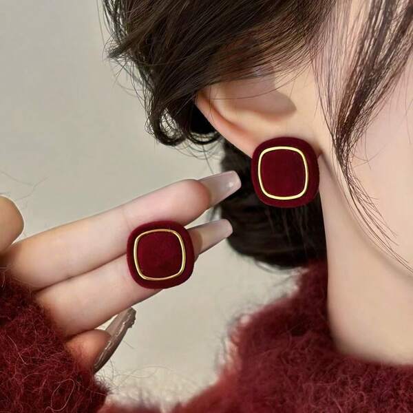 1 Pair Geometric Square Flocked Stud Earrings, Everyday Elegant Style, Autumn/Winter