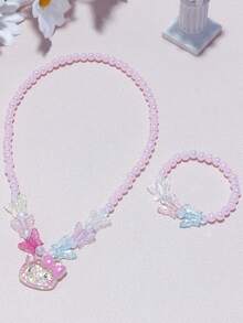 2pcs Sanrio Girls Kuromi & KT Cat Pendant Beaded Bracelet Bangle Necklace Jewelry Set, Suitable For Daily, Party, Birthday Gift, Random Color - Multicolor - View 5